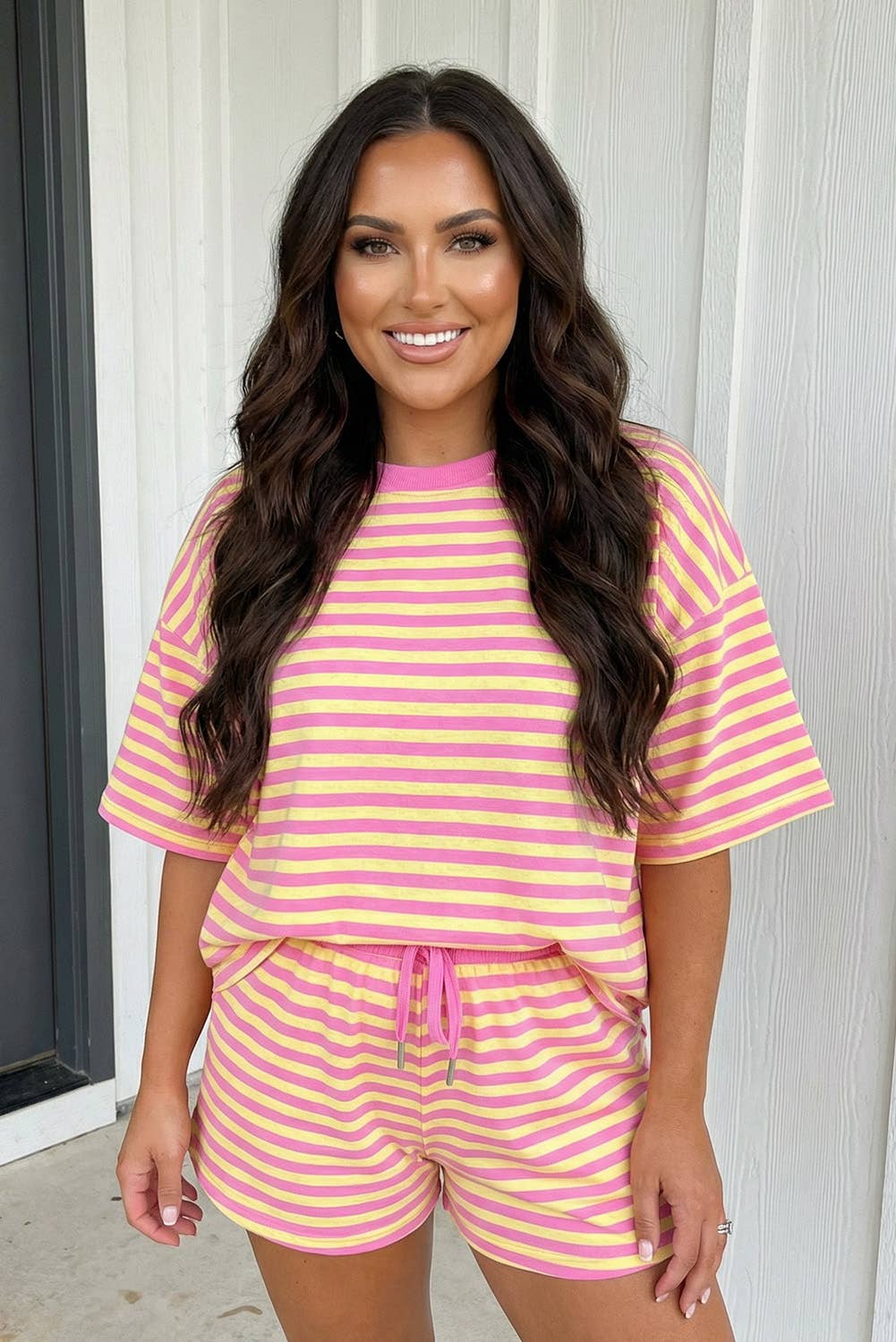 LAS Stripe Contrast Trim Boxy Terry Short Set (S-XL): Rose Stripe / Missy / S
