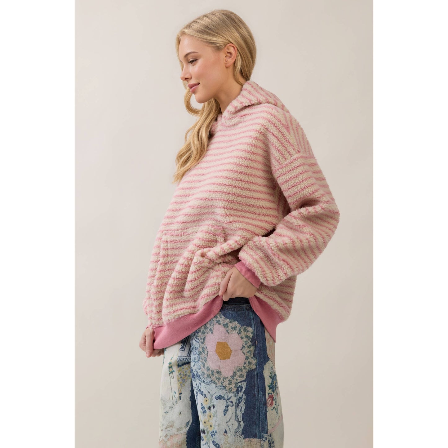 Teddy Striped Contrast Cozy Hoodie: Brown / L