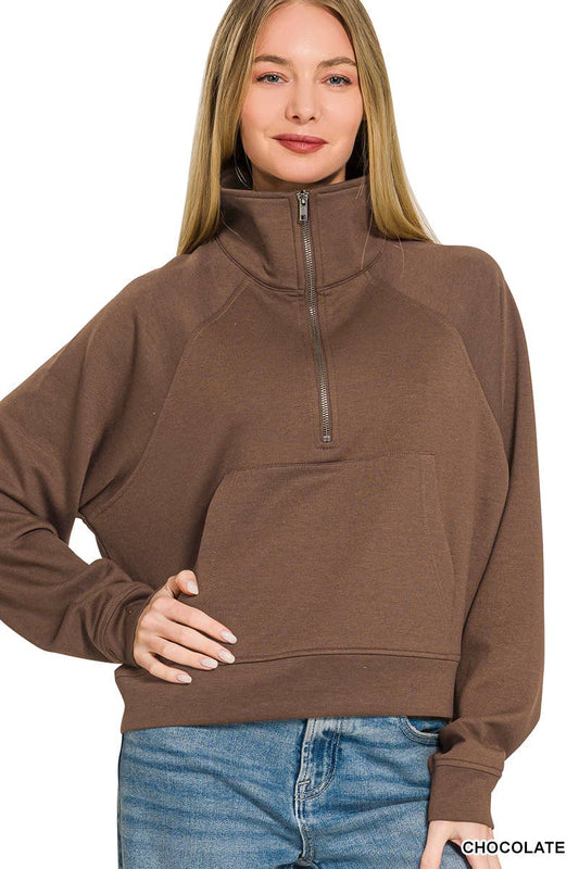 Scuba Half Zip Pullover With Kangaroo Pocket Zenana: CHOCOLATE-202375 / S