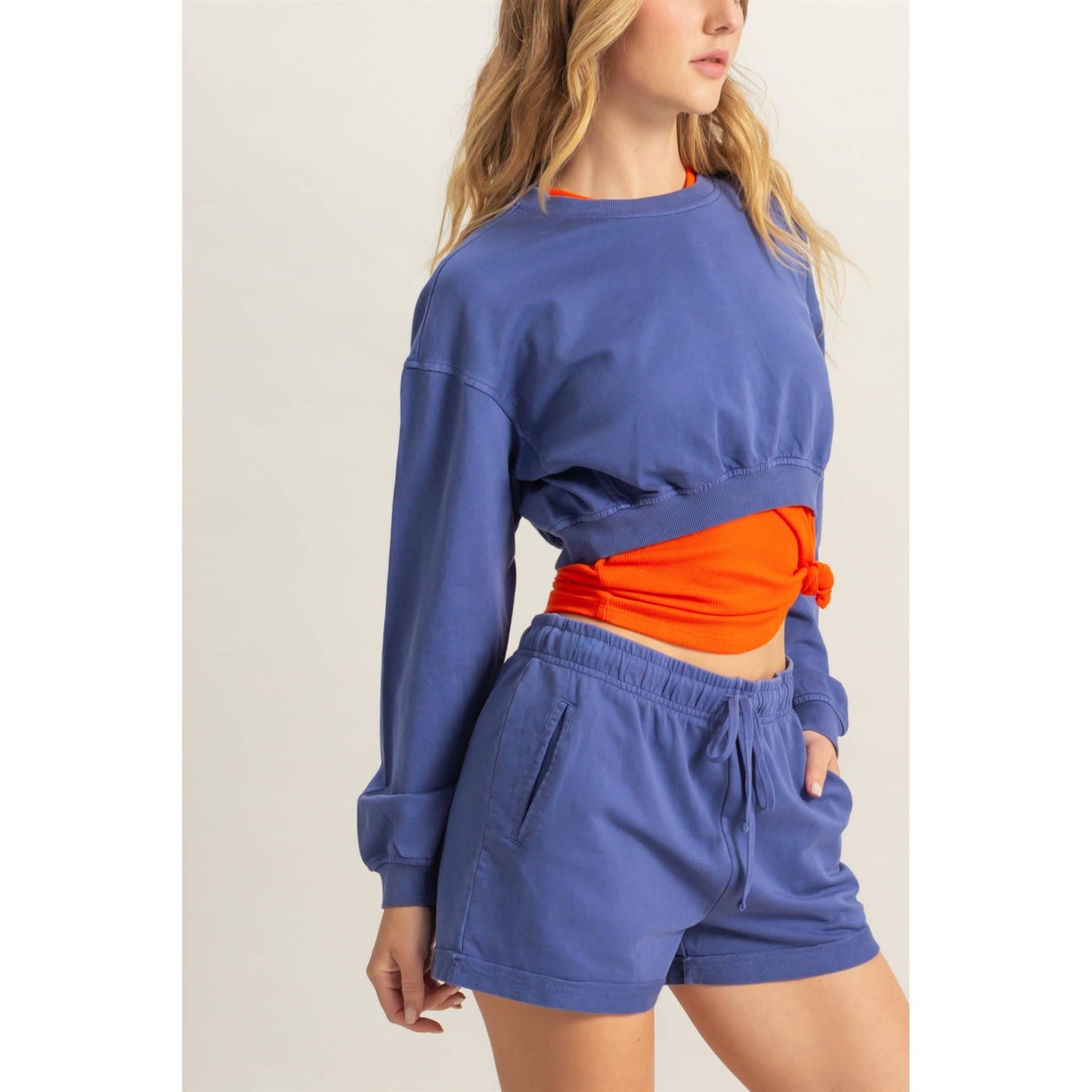 Crew Neck Long Sleeve Crop Sweatshirt: WISTERIA / S-M-L(2-2-2)