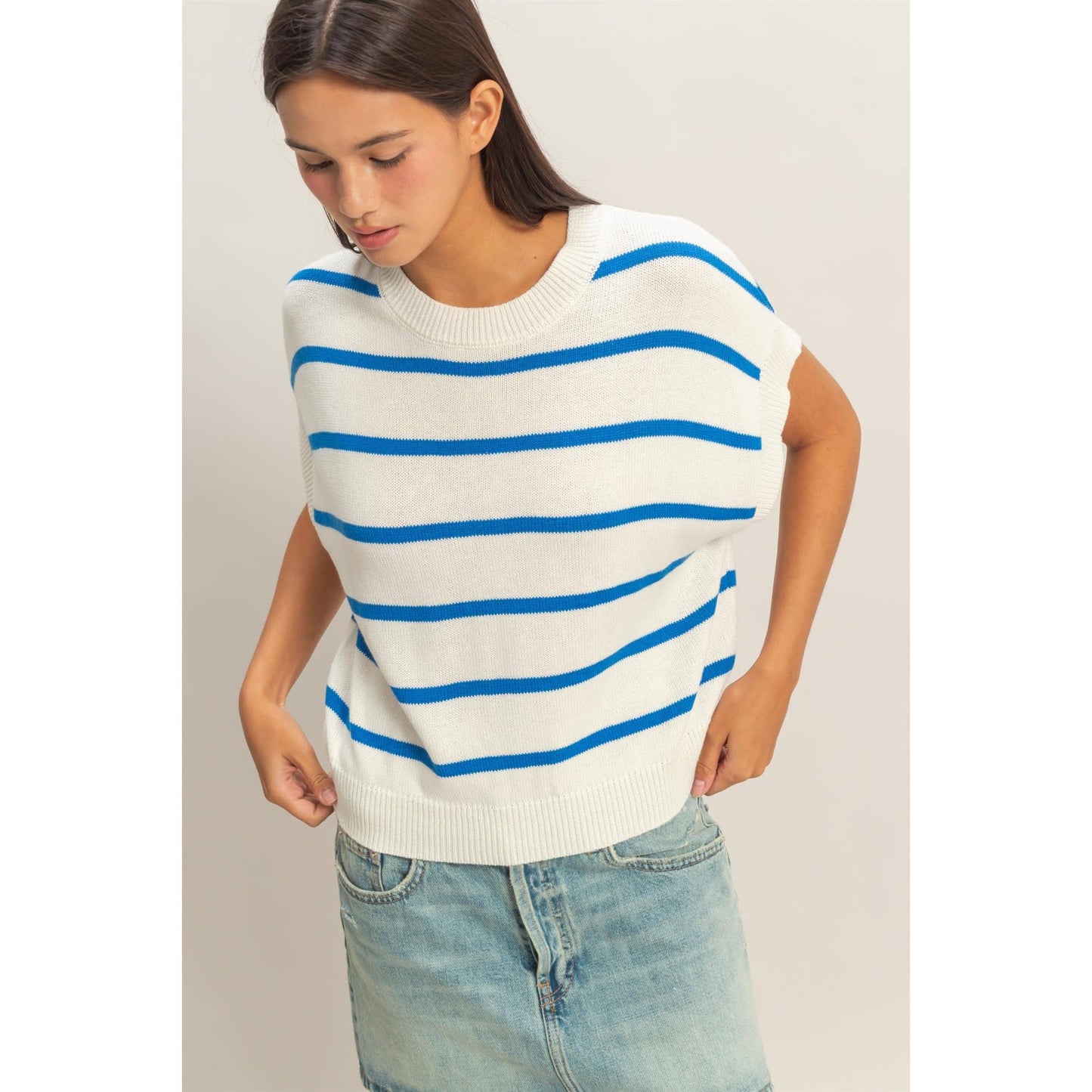 Striped Crew Neck Knit Top: BLACK / S-M-L(2-2-2)