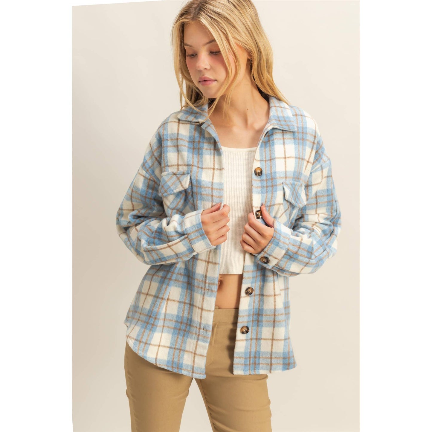 Collared Plaid Shacket: BLUE / S-M-L(2-2-2)