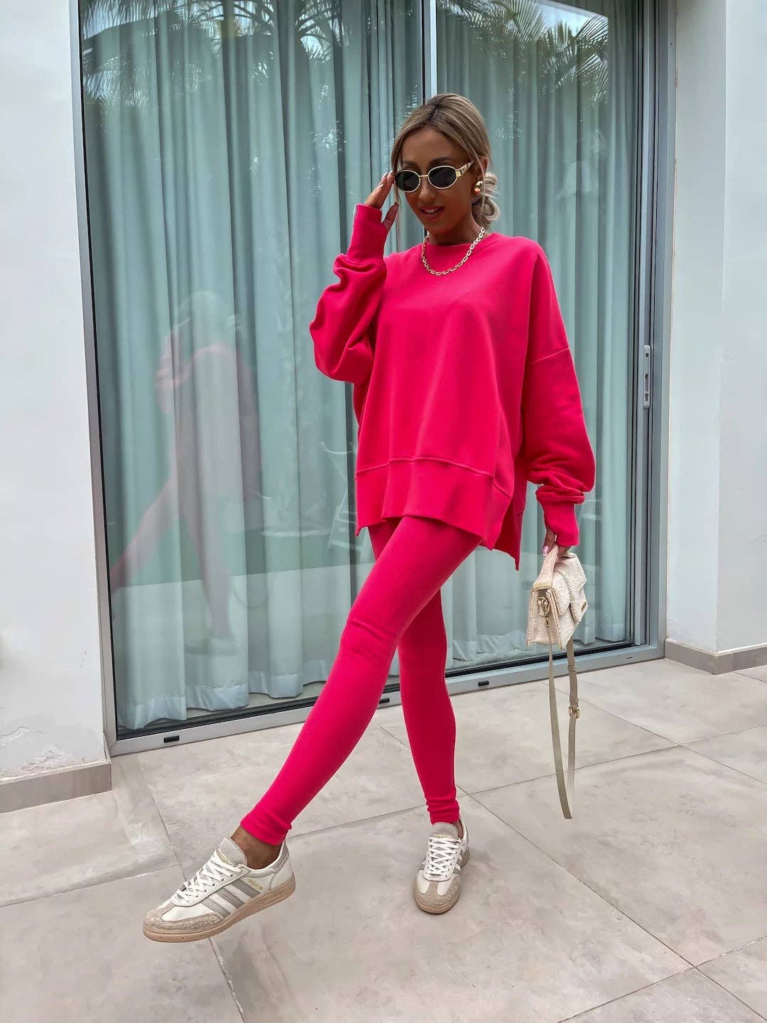 Oversized Sweatshirt and Leggings Two Piece Set: Blue / 100%Polyester / M