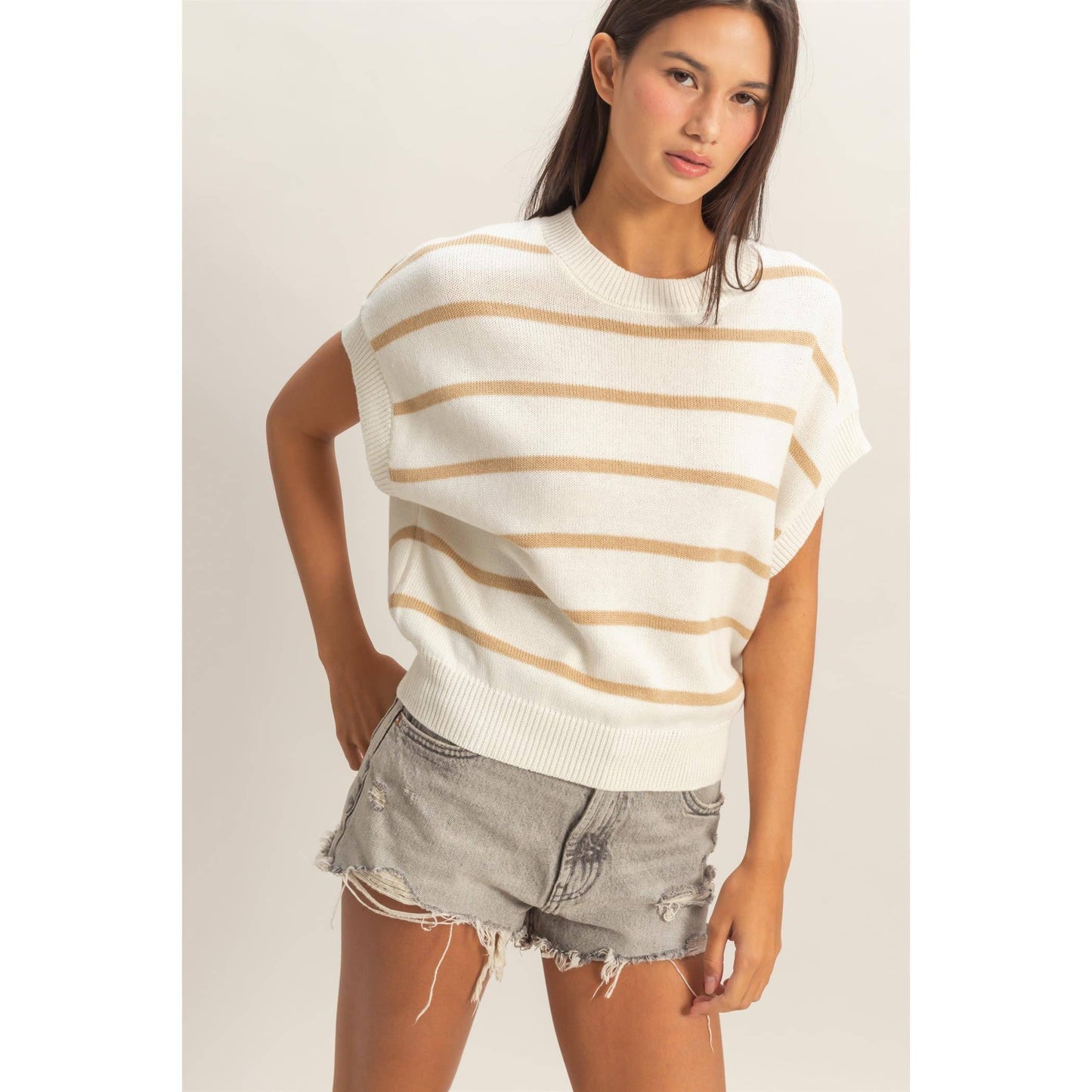 Striped Crew Neck Knit Top: BLACK / S-M-L(2-2-2)