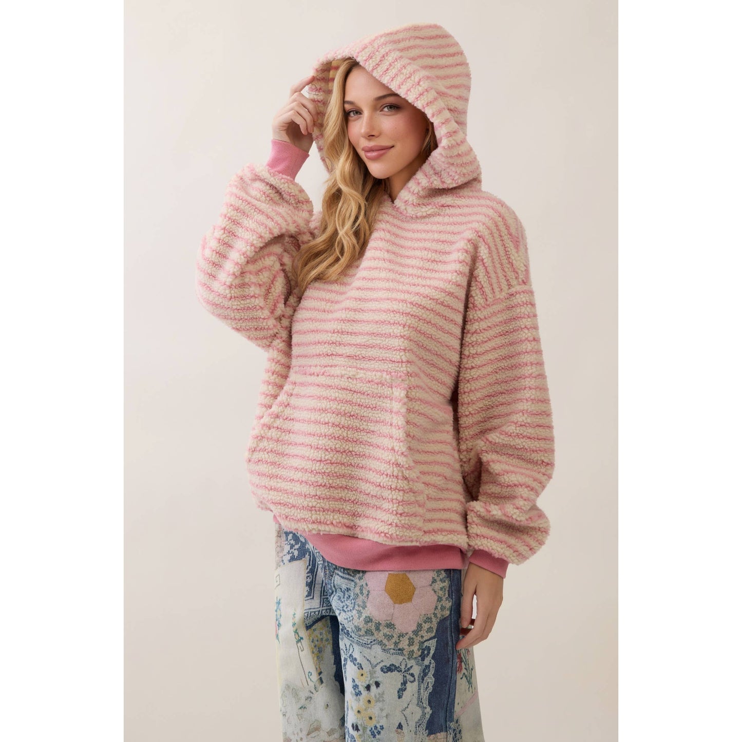 Teddy Striped Contrast Cozy Hoodie: Brown / M