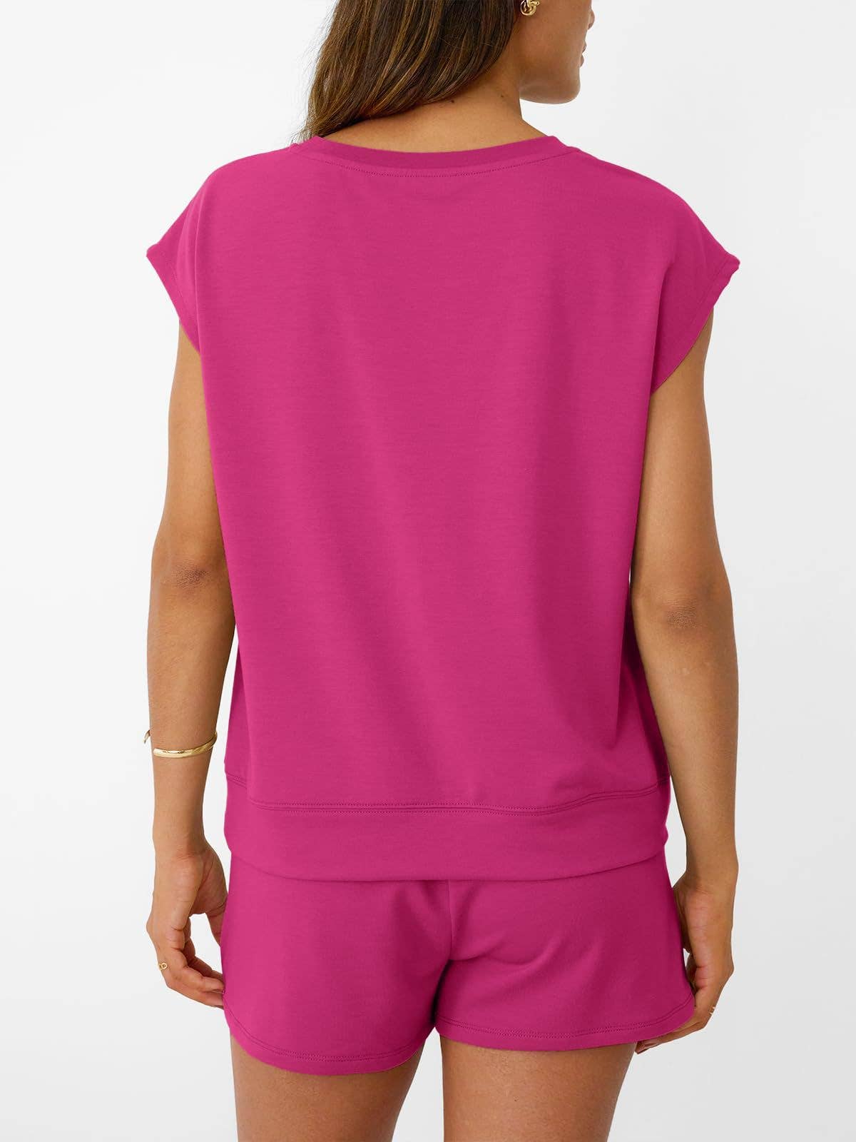 Casual Lounge Set Cap Sleeve Top Drawstring Shorts: Black / 65%Polyester+30%Viscose+5%Elastane / M