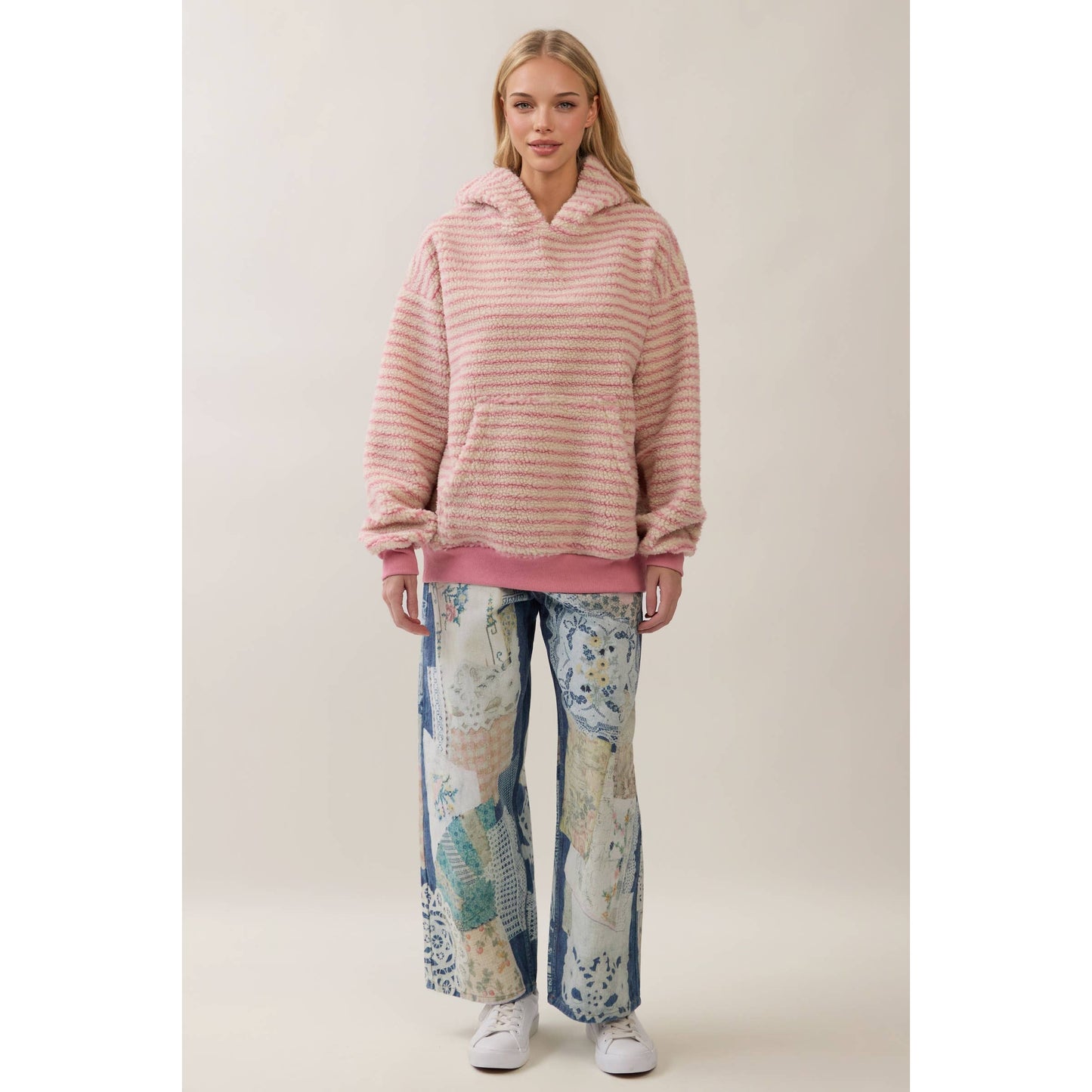 Teddy Striped Contrast Cozy Hoodie: Brown / L