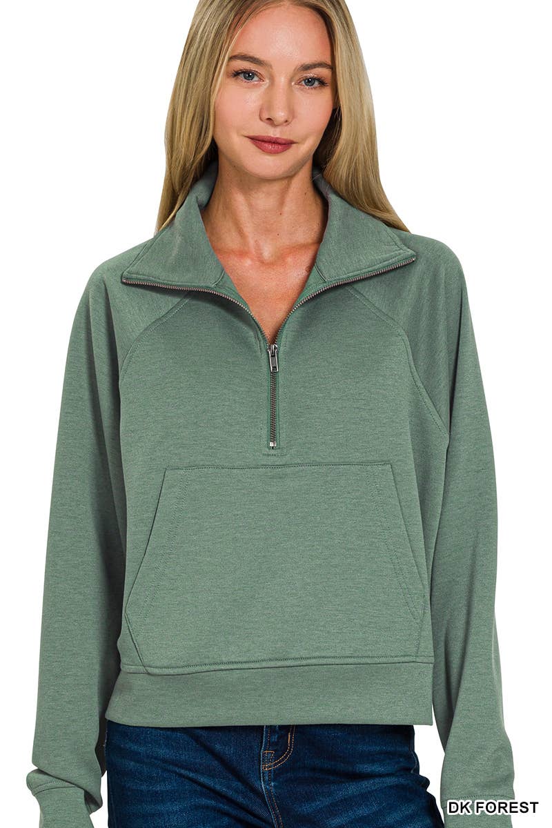Scuba Half Zip Pullover With Kangaroo Pocket Zenana: H GREY-190578 / L