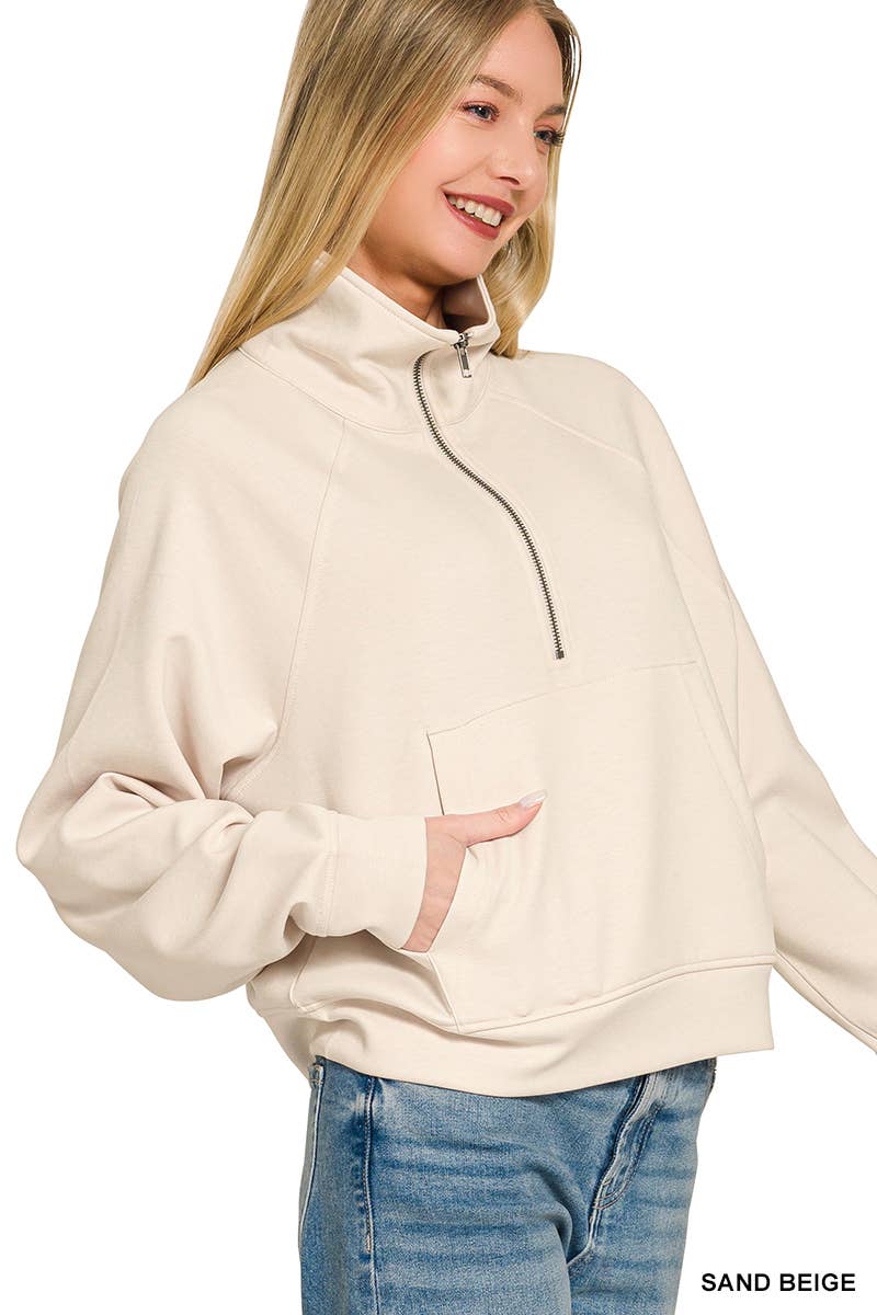 Scuba Half Zip Pullover With Kangaroo Pocket Zenana: CHOCOLATE-202375 / S