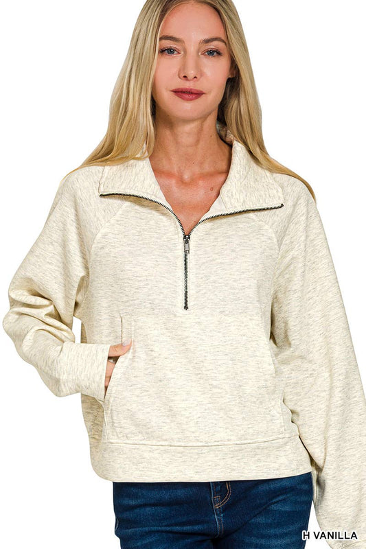 Scuba Half Zip Pullover With Kangaroo Pocket Zenana: H VANILLA-190580 / S