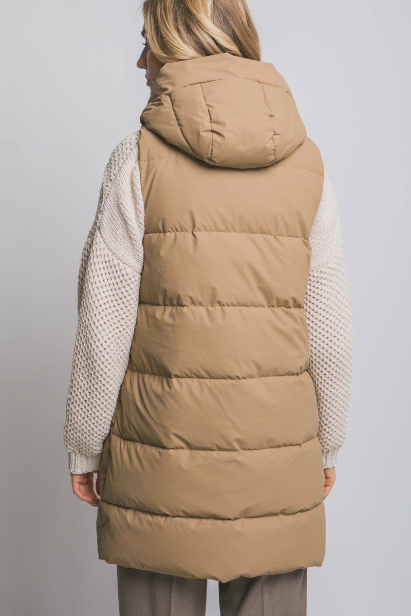 Hooded Long Quilted Puffer Vest: CAMEL / 2-2-2(S-M-L)