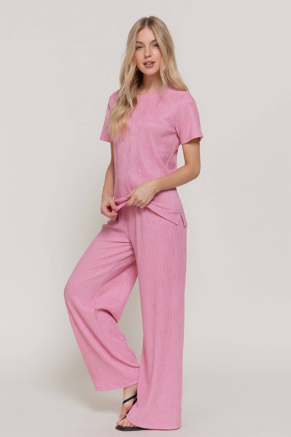 0504 Crinkle Knit Top & Pants 2pc Set SI-29441: Blk-Black-194657 / L