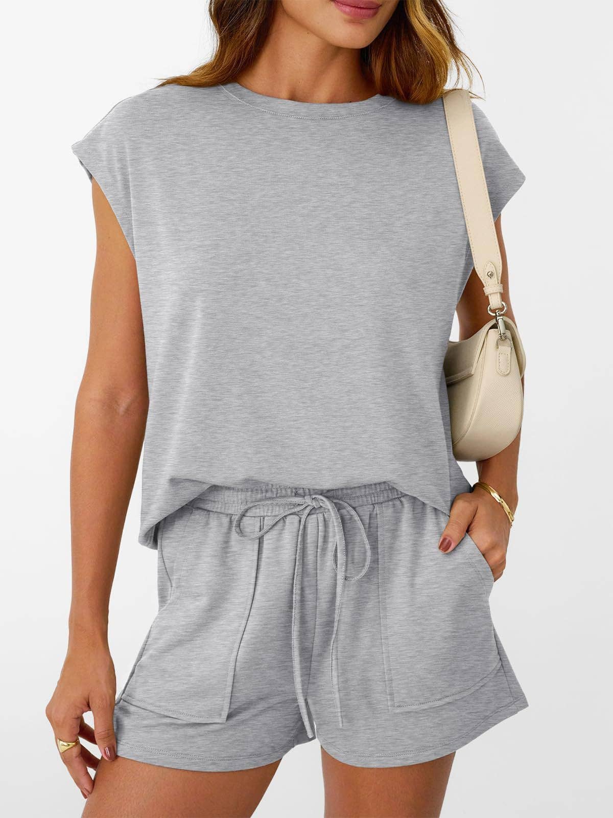 Casual Lounge Set Cap Sleeve Top Drawstring Shorts: Black / 65%Polyester+30%Viscose+5%Elastane / XL