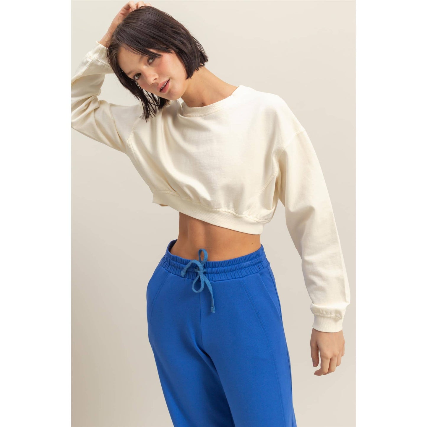 Crew Neck Long Sleeve Crop Sweatshirt: TURQUOISE / S-M-L(2-2-2)
