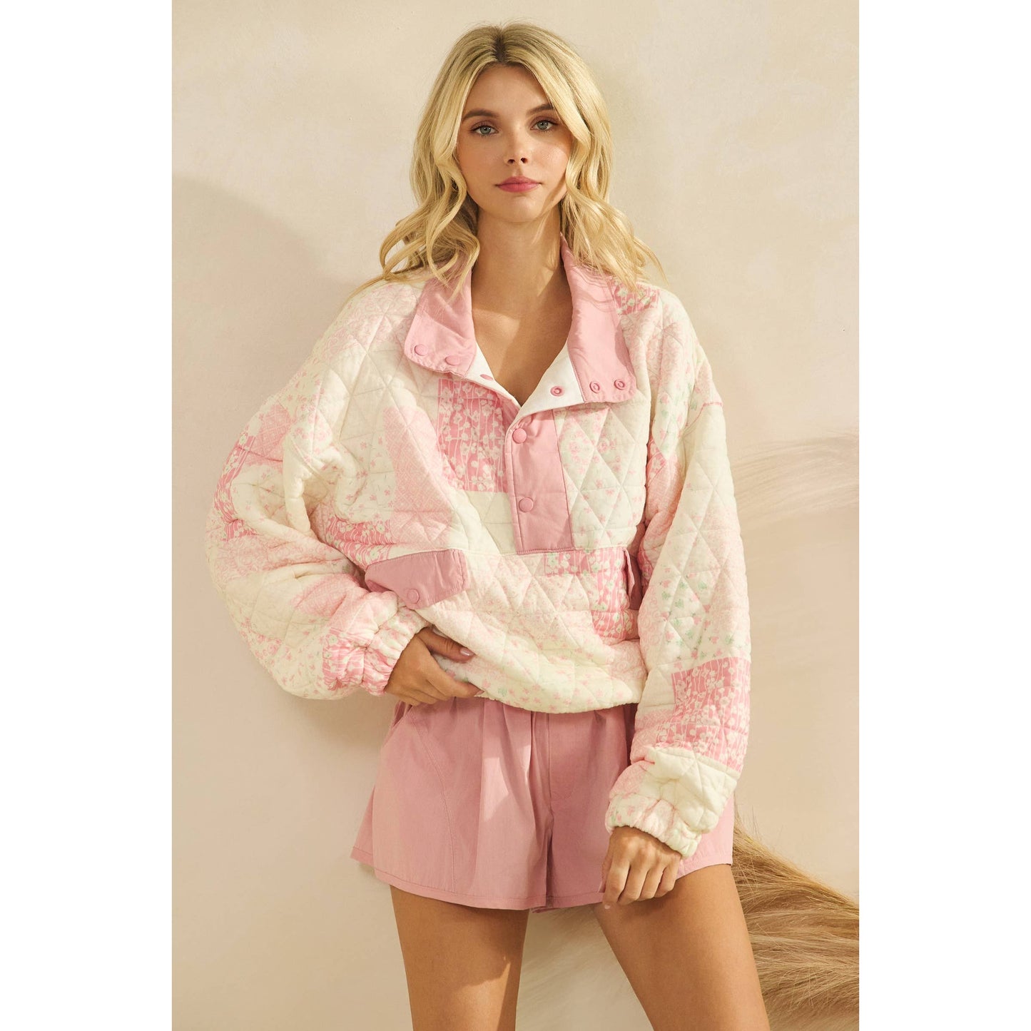 Textured Contrast printed Quarterzip Sweater: Pink Combo / S
