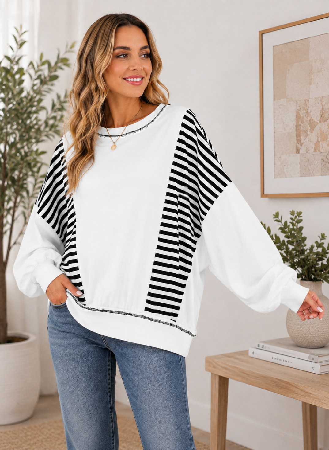Oversized Stripe Colorblock Sweatshirt: L