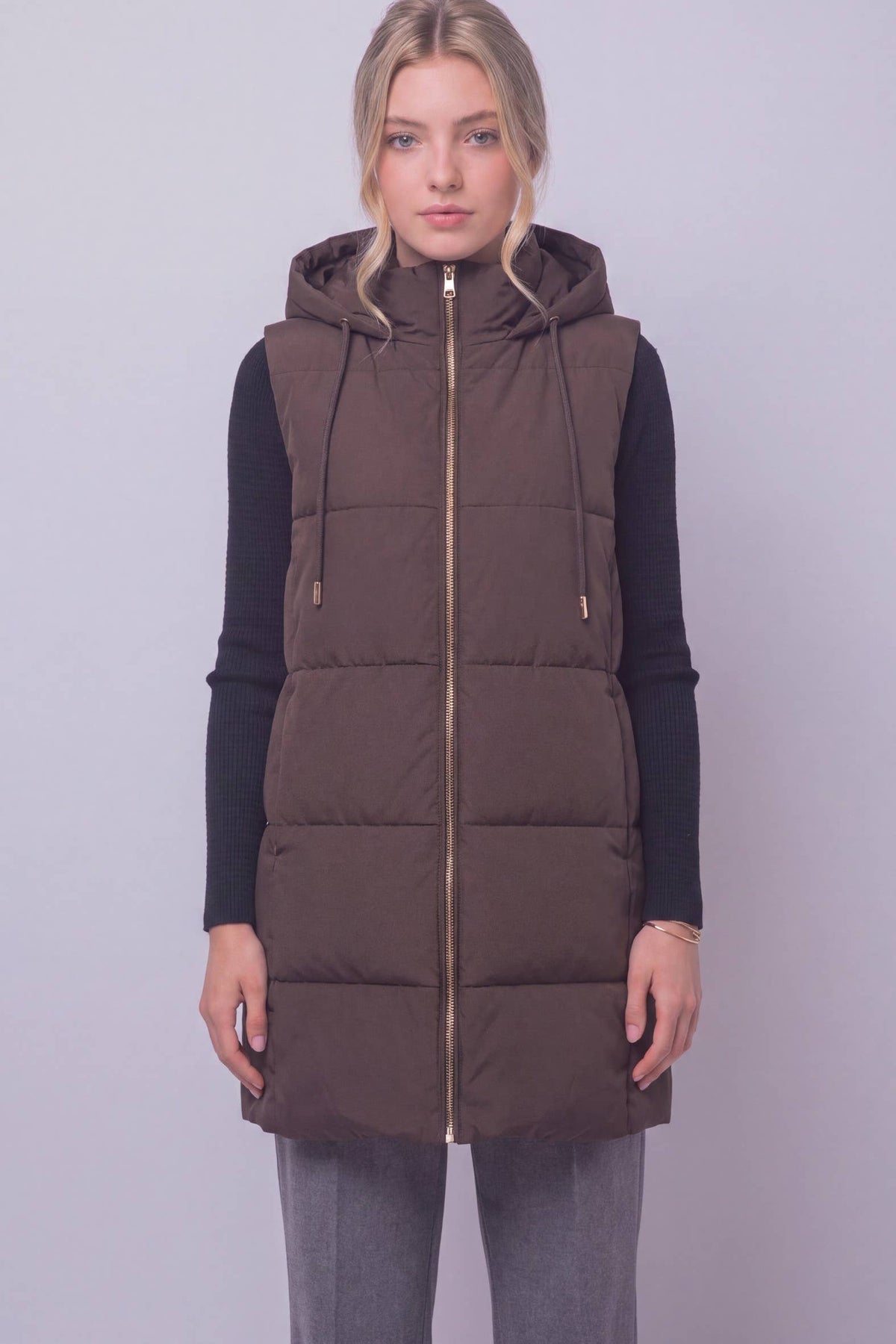 Long Hooded Puffer Vest: BLACK / 2-2-2(S-M-L)