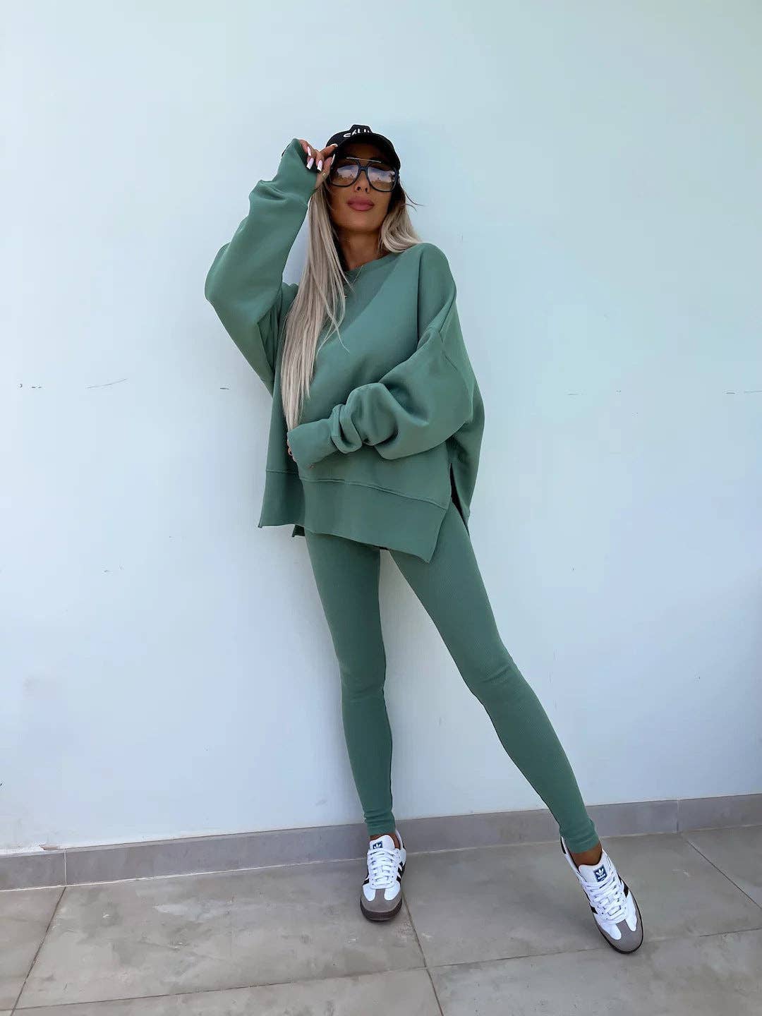 Oversized Sweatshirt and Leggings Two Piece Set: Blue / 100%Polyester / M