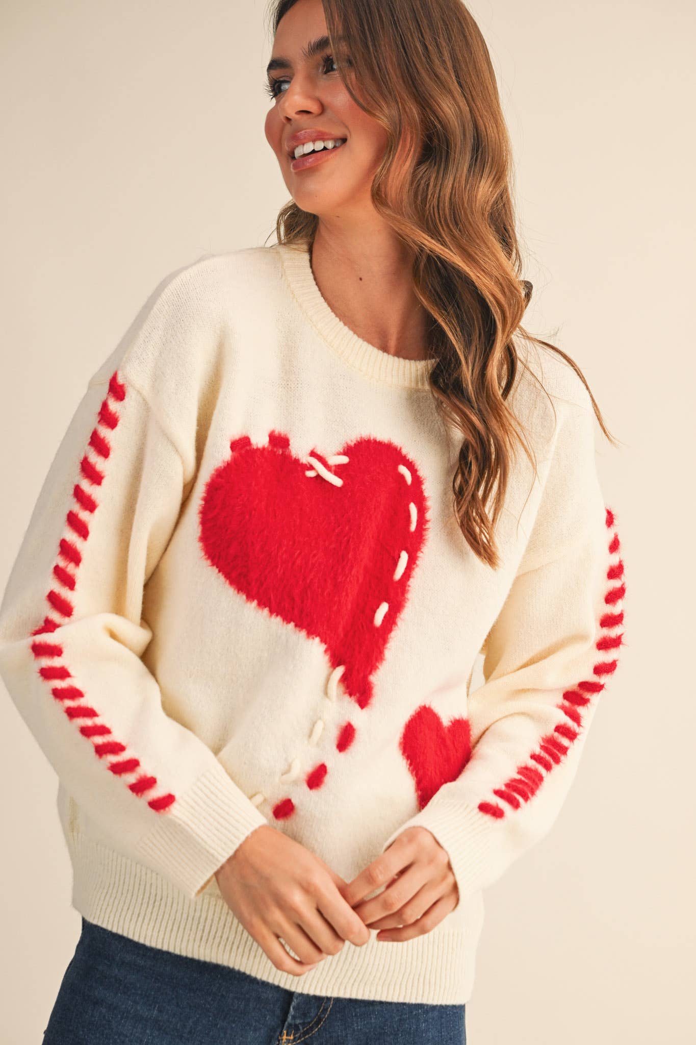 FUZZY HEART KNIT SWEATER WITH WHIP STITCH MSW10990: Red / M