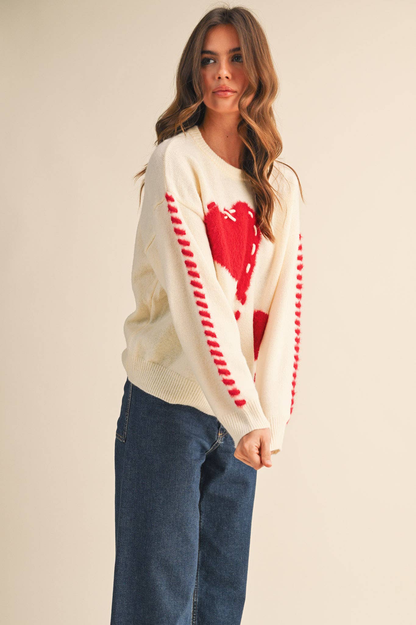 FUZZY HEART KNIT SWEATER WITH WHIP STITCH MSW10990: Red / L