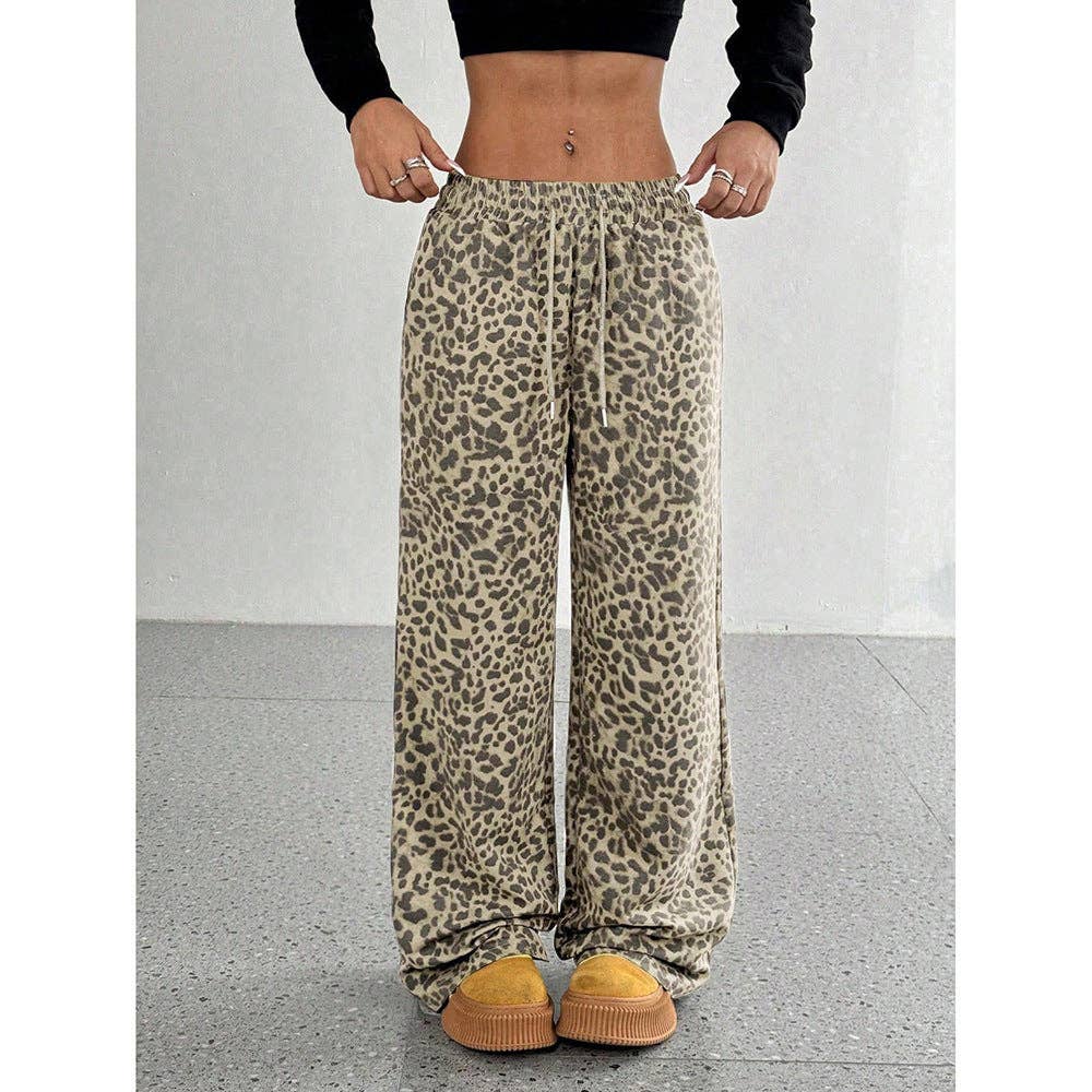 Leopard Print Wide Leg Pants High Waist Pocket Casual: Dark Leopard / 100% polyester / M