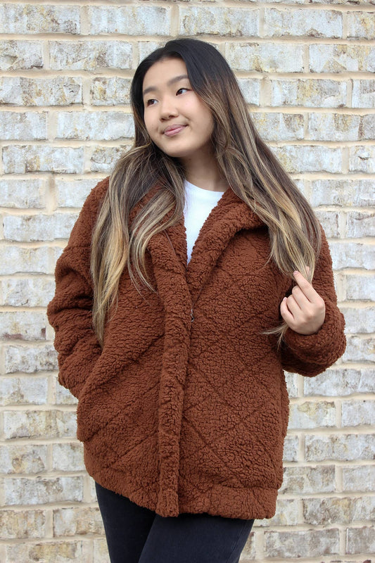 JKT2387 Candie Diamond Sherpa Jacket w/ Full Zip: Brown / S/M
