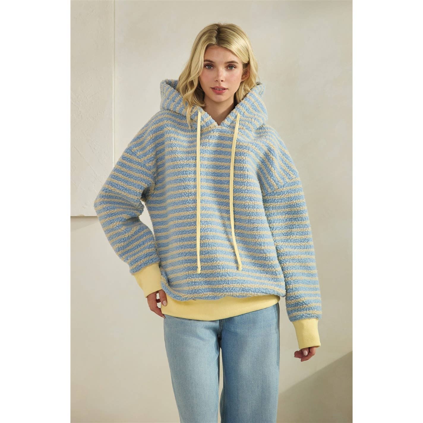 Teddy Striped Contrast Cozy Hoodie: Brown / M