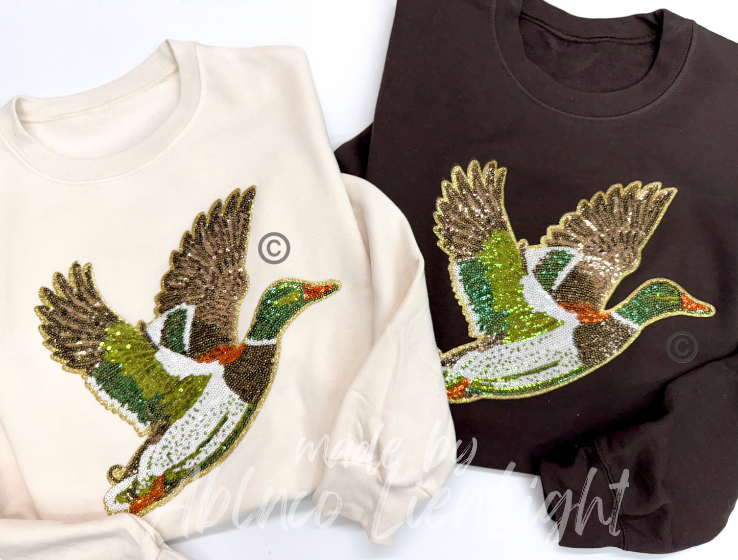 Mallard Duck Hunting Sequins Patch Sweatshirt: Sand / XL