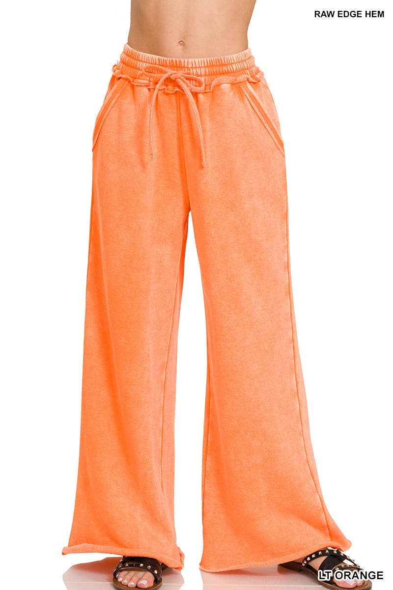 Acid Wash Fleece Palazzo Sweatpants With Pockets: BLACK / 2-2-2 (S-M-L)