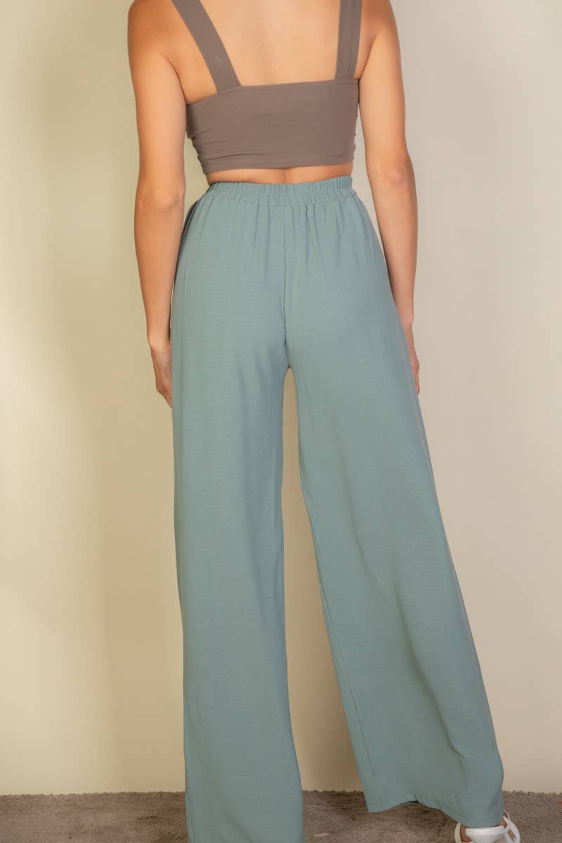 Drawstring waist wide leg minimalist pants: Black / L