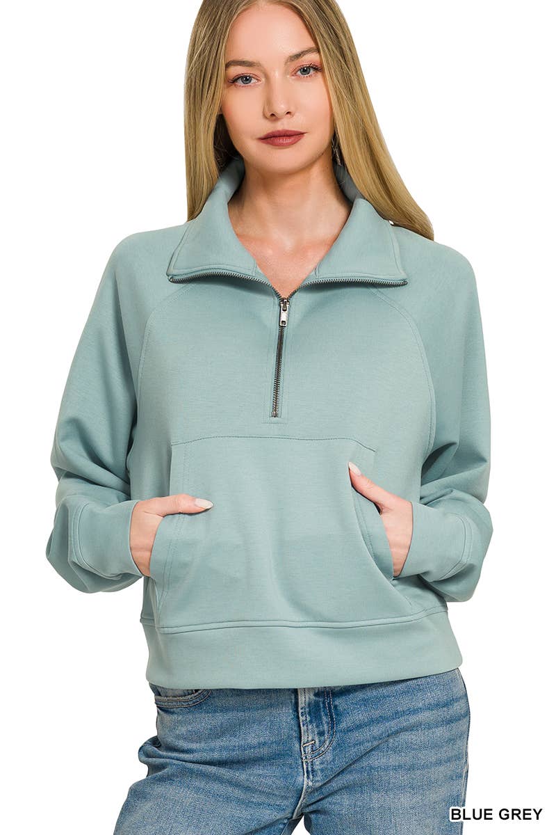 Scuba Half Zip Pullover With Kangaroo Pocket Zenana: H GREY-190578 / L