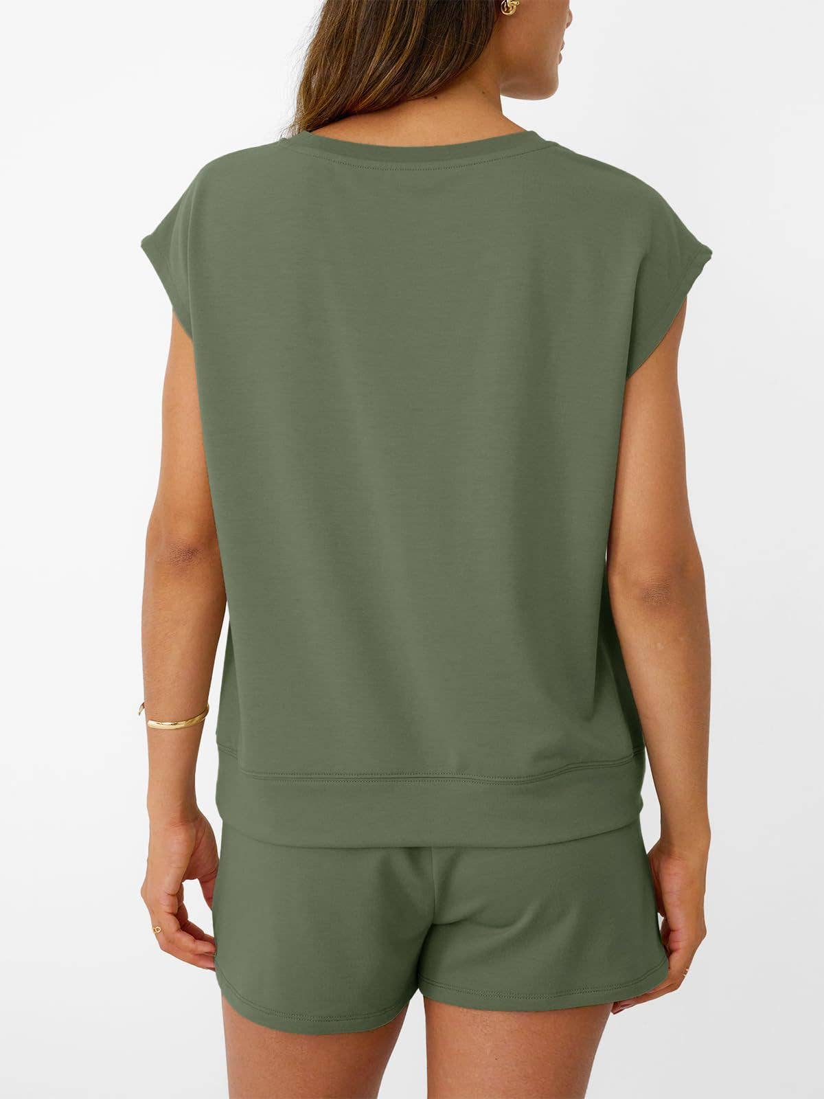 Casual Lounge Set Cap Sleeve Top Drawstring Shorts: Black / 65%Polyester+30%Viscose+5%Elastane / M