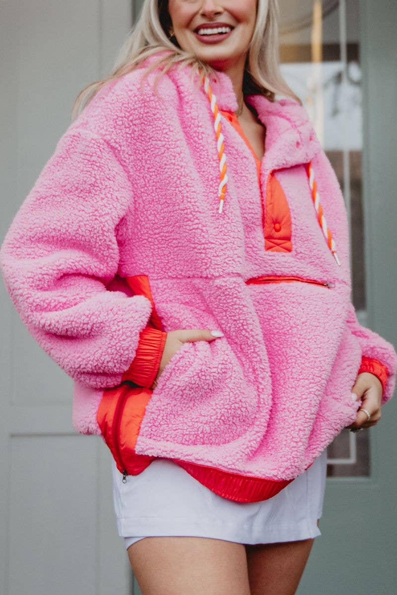 Pink Two-Toned Sherpa Pullover Hoodies: Pink / M