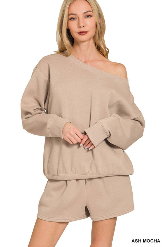 Fleece Sweatshirts & Drawstring Shorts 2pc Set Zenana: ASH MOCHA-186261 / L