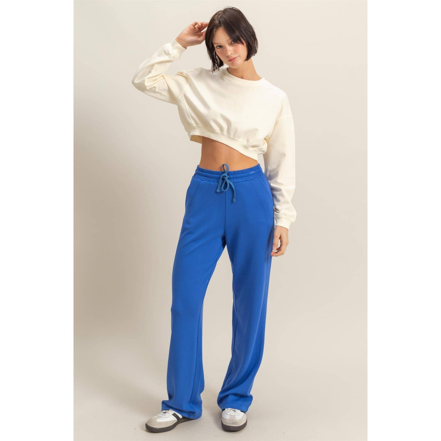 Crew Neck Long Sleeve Crop Sweatshirt: TURQUOISE / S-M-L(2-2-2)