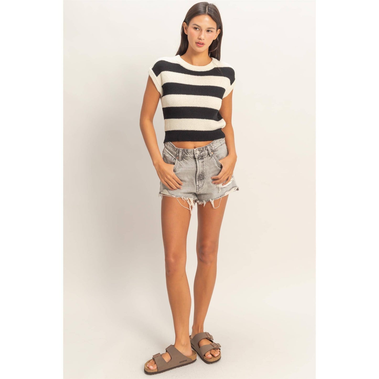 Striped Ribbed Knit Top: TAUPE / S-M-L(2-2-2)