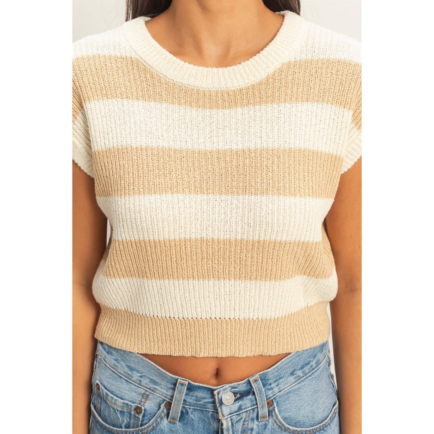 Striped Ribbed Knit Top: TAUPE / S-M-L(2-2-2)