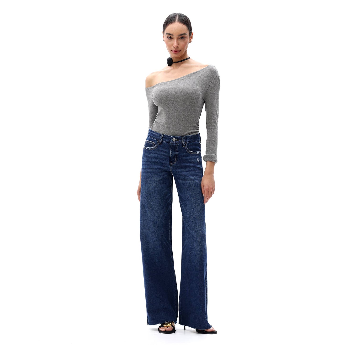 Mid Rise Wide Leg Jeans Raw Hem Vintage Distressed OSW8019: VINTAGE BLUE / 26