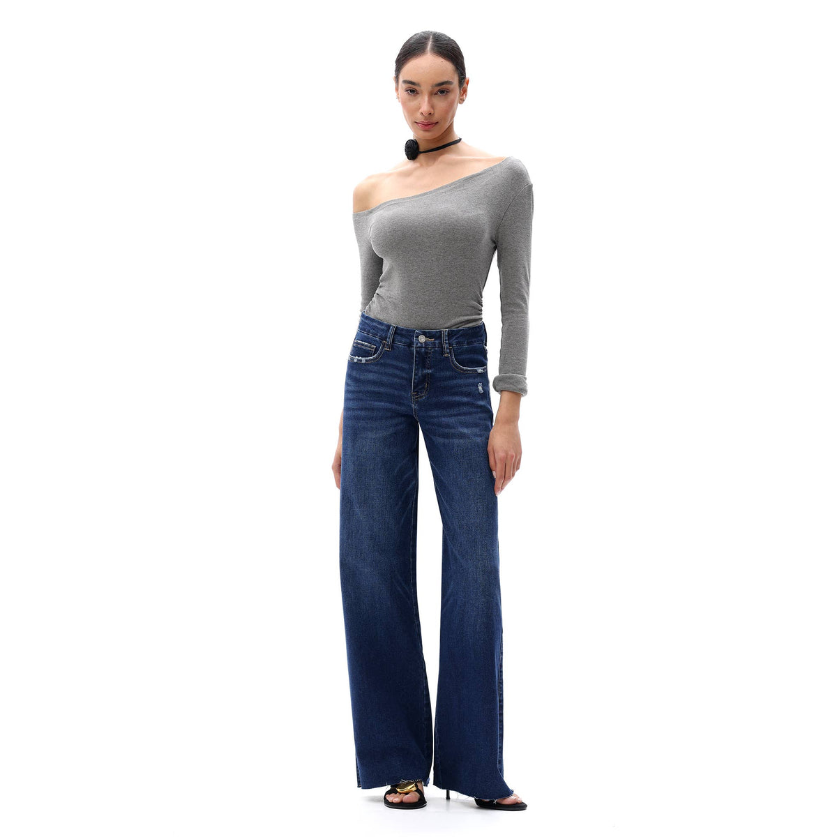 Mid Rise Wide Leg Jeans Raw Hem Vintage Distressed OSW8019: VINTAGE BLUE / 31