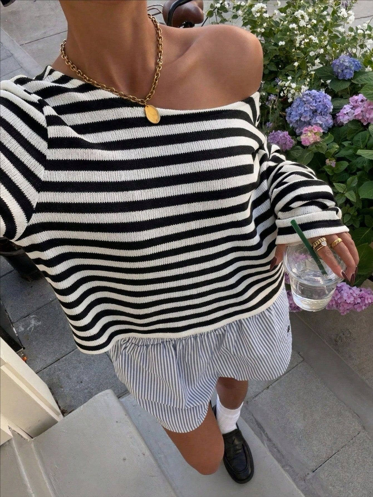 Colorblock Striped Knit Off The Shoulder Sweater Top: Black / XL