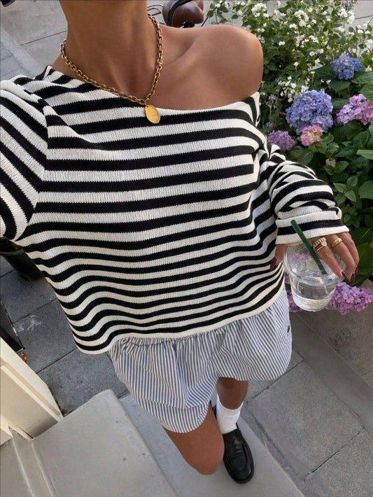 Colorblock Striped Knit Off The Shoulder Sweater Top: Black / M