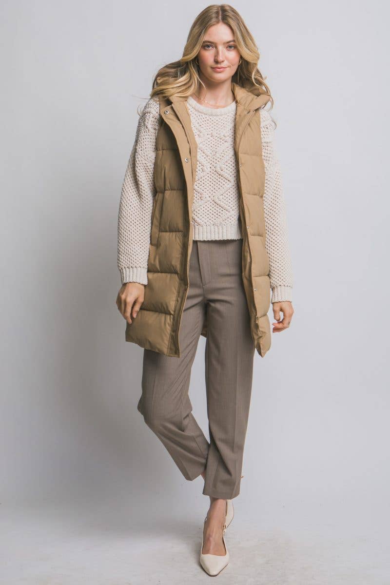 Hooded Long Quilted Puffer Vest: CAMEL / 2-2-2(S-M-L)