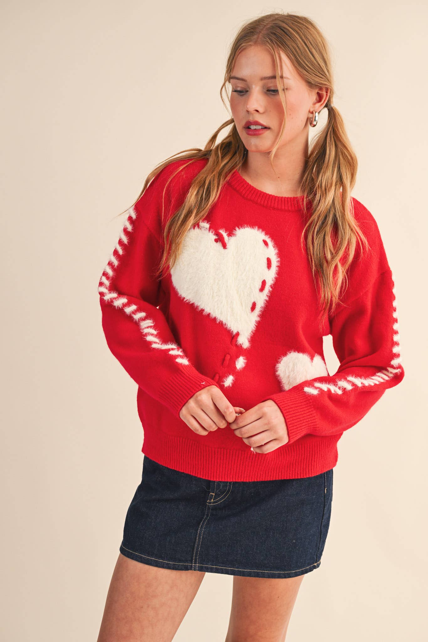 FUZZY HEART KNIT SWEATER WITH WHIP STITCH MSW10990: Red / S