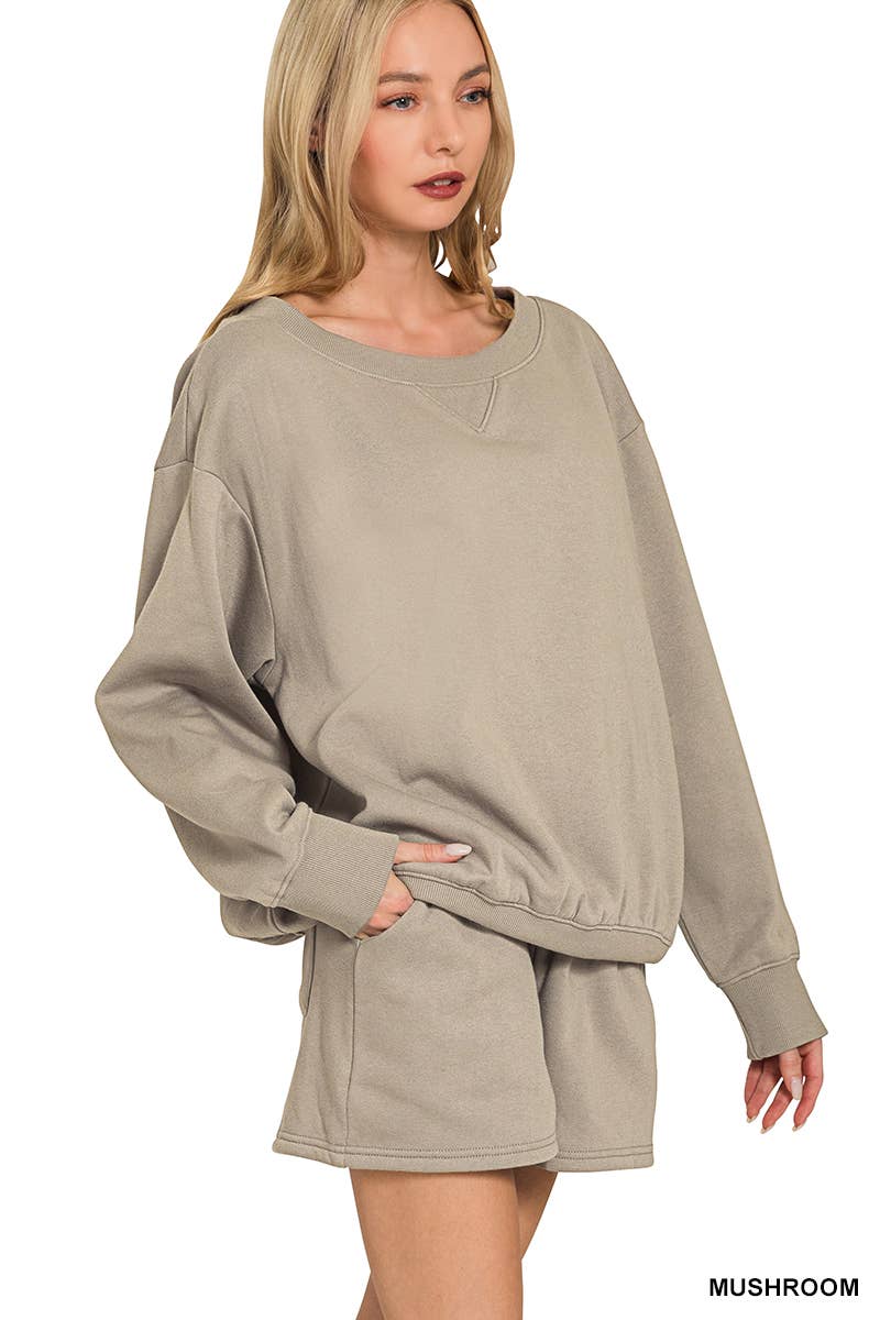 Fleece Sweatshirts & Drawstring Shorts 2pc Set Zenana: ASH MOCHA-186261 / S
