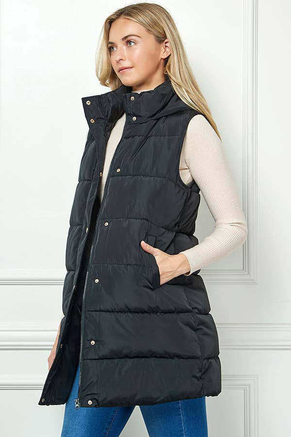 Longline Quilted Puffer Vest with Attached Hood: Black