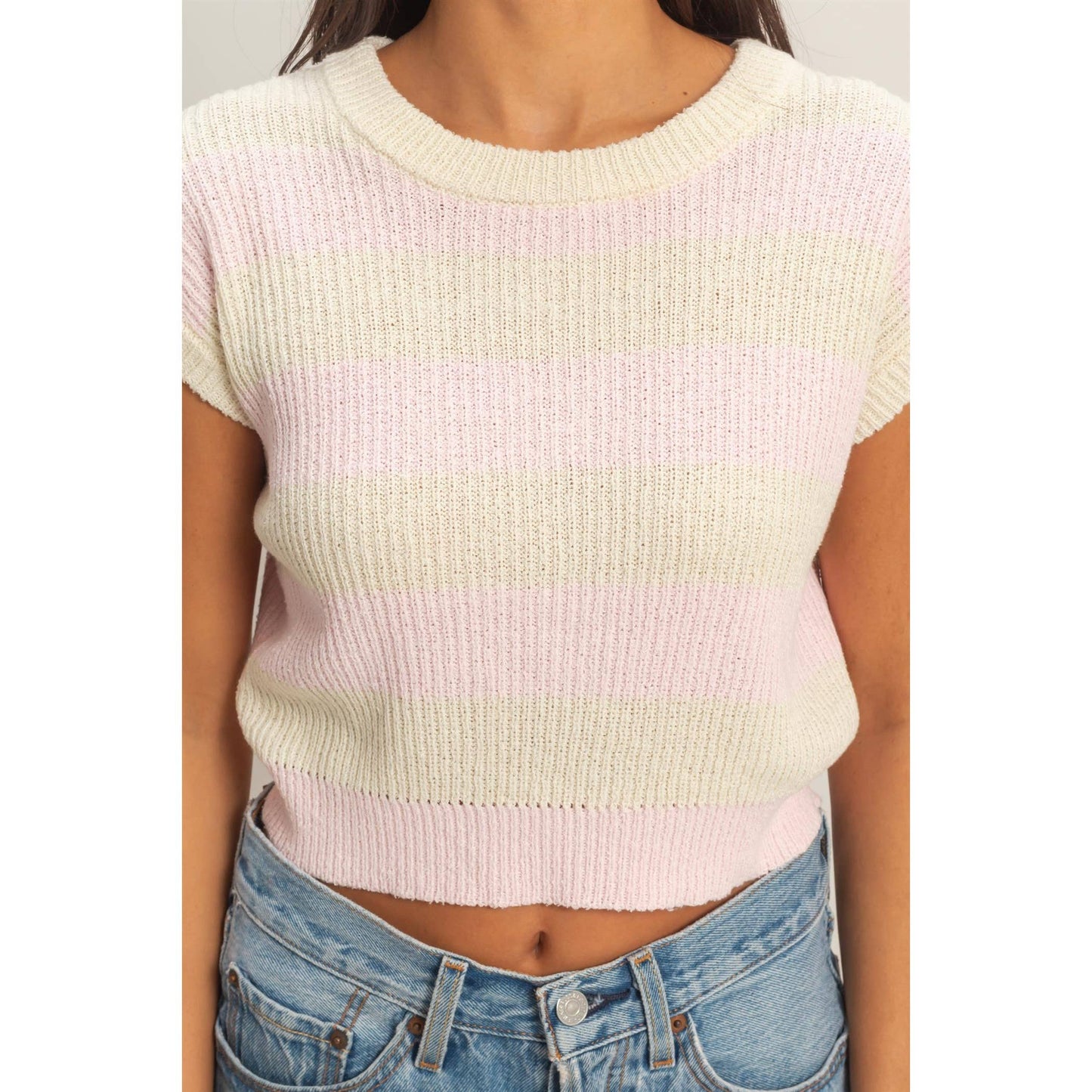 Striped Ribbed Knit Top: TAUPE / S-M-L(2-2-2)