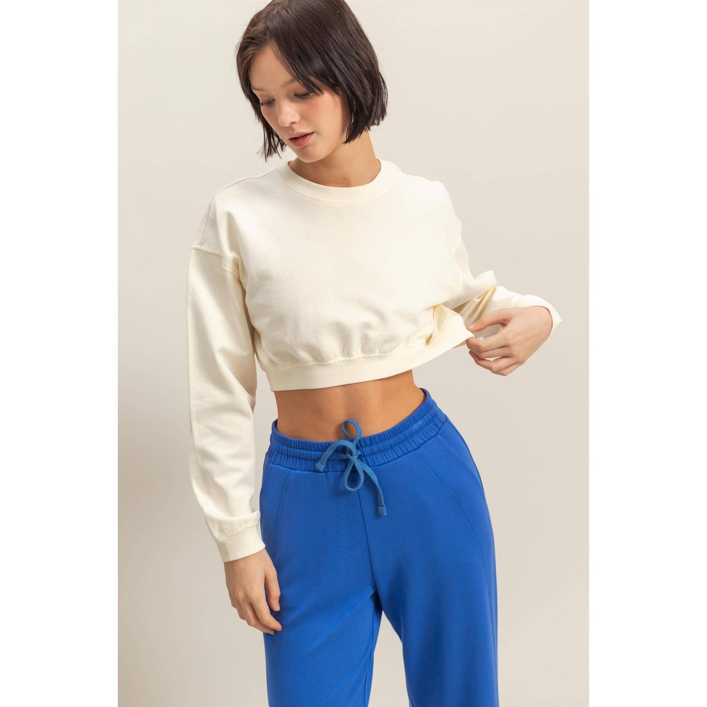 Crew Neck Long Sleeve Crop Sweatshirt: DUSTY INDIGO / S-M-L(2-2-2)