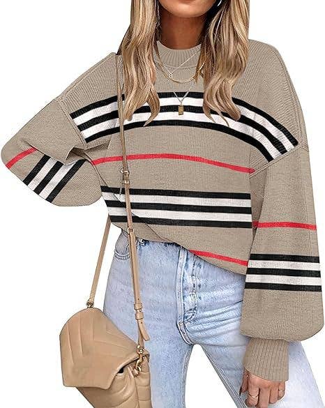 Retro Cozy Multi Striped Lantern Sleeves Knit Sweater: Camel / M