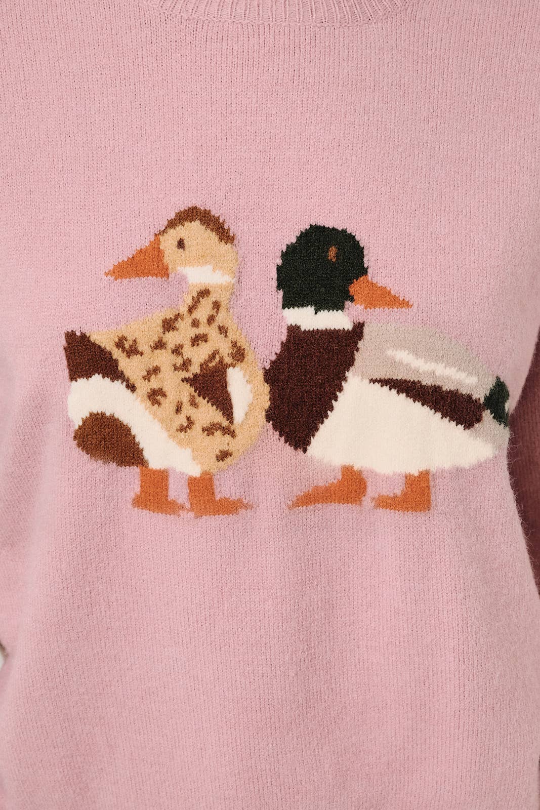 Round Neck Mallard Duck Graphic Long Sleeve Knit Sweater: LAVENDER / S