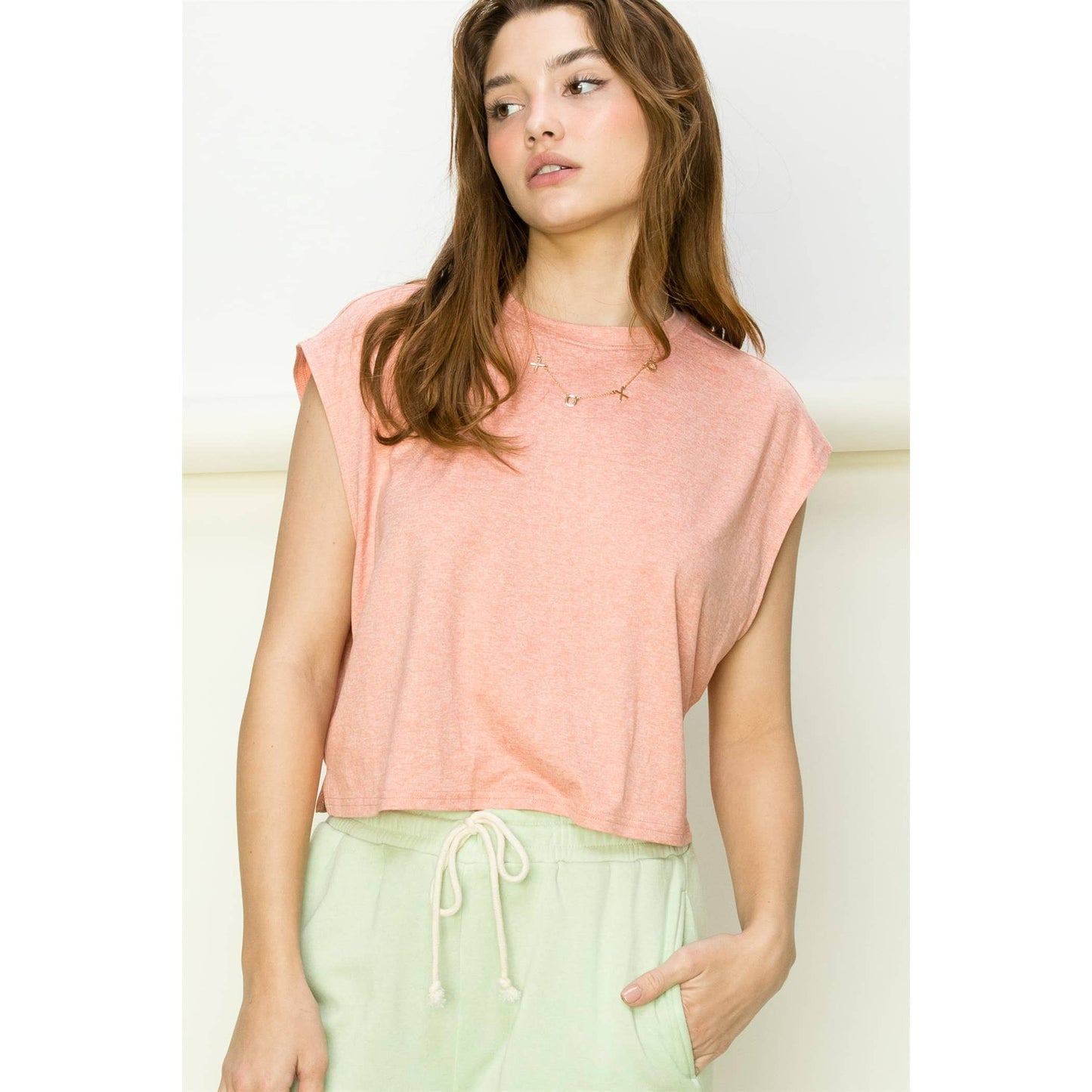 Crew Neck Cropped Top: KHAKI / S-M-L(2-2-2)